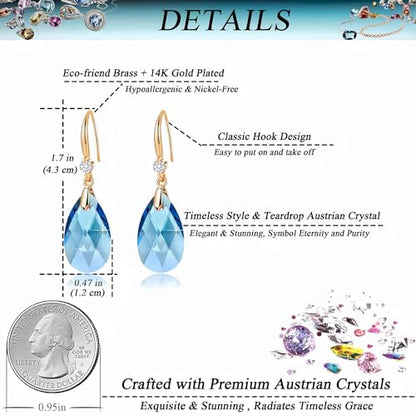 Austrian Crystal Teardrop Dangle Drop Earrings for Women 14K Gold Plated Hook Earring Hypoallergenic Jewelry Gifts for Women Girls - color: Aquamarine