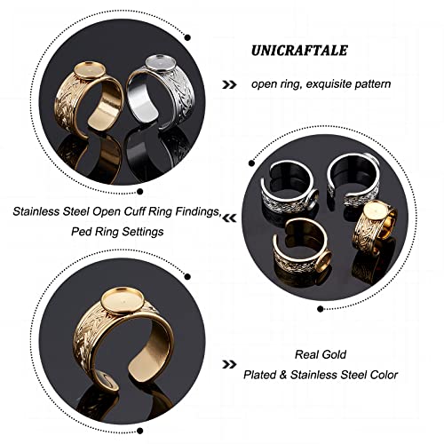 UNICRAFTALE 4Pcs 2 Colors Wide Tray Cuff Ring Settings Size 7 Cabochon Ring Carving Pattern Stainless Steel Blank Rings 8mm Trays Open Finger Rings for Jewelry Making