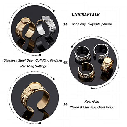 UNICRAFTALE 4Pcs 2 Colors Wide Tray Cuff Ring Settings Size 7 Cabochon Ring Carving Pattern Stainless Steel Blank Rings 8mm Trays Open Finger Rings for Jewelry Making