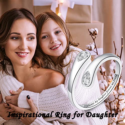 Fookduoduo 925 Sterling Silver Ring Inspirational Jewelry adjustable Wrap Open Rings for Women - style: Always my daughter forever my friend，CZ