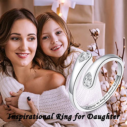 Fookduoduo 925 Sterling Silver Ring Inspirational Jewelry adjustable Wrap Open Rings for Women - style: Always my daughter forever my friend，CZ