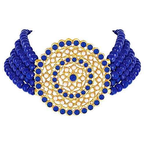 Aheli Pearl Diamond Choker Necklace & Round Earrings Gift for Women Indian Traditional Bollywood Fashion Bharatanatyam jewellery set - color: Blue & White
