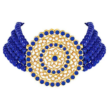 Aheli Pearl Diamond Choker Necklace & Round Earrings Gift for Women Indian Traditional Bollywood Fashion Bharatanatyam jewellery set - color: Blue & White