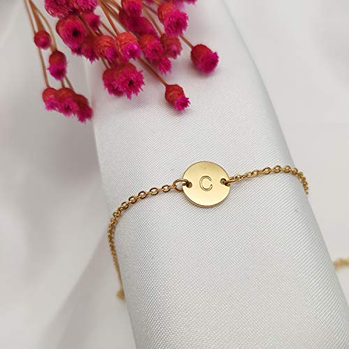 Ovian Initial Charm Bracelet for Women 18K Gold Plated stainless steel Coin Disc Engraved Letter Bracelet Personalized Monogram Name Bracelet - color: C