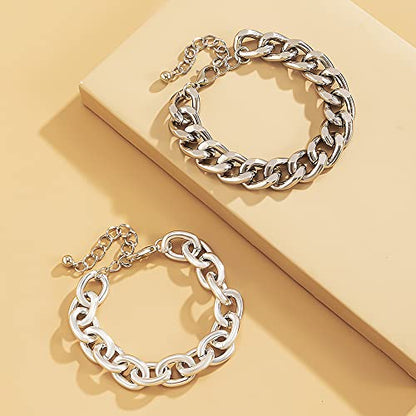 Boho Fashion Dainty Simple Gold Silver Chain Beads Bracelets Set for Women Adjustable Beaded Chunky Flat Cable Chain Punk Bracelets Jewelry for Women Gift Set of 2 (Silver) - color: Silver