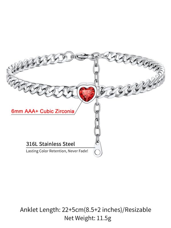 ChainsHouse Cuban Chain Anklets for Women with Heart Birthstone Jan - Dec | Stainless Steel Black Link Chain Ankle Bracelet with Birthstone, Beach Women Anklet 22cm-27cm Adjustable, with Gift Box - color: 07. Jul.-Ruby-Steel