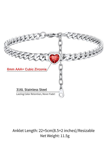 ChainsHouse Cuban Chain Anklets for Women with Heart Birthstone Jan - Dec | Stainless Steel Black Link Chain Ankle Bracelet with Birthstone, Beach Women Anklet 22cm-27cm Adjustable, with Gift Box - color: 07. Jul.-Ruby-Steel