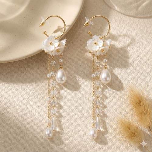 Kruckel Long Dangle Earrings for Women, White Floral Pearl-Inspired | Pearl Drop Earrings, Lightweight Gold-Tone Jewelry for Weddings, Parties, Bridesmaids, Birthdays and Occasion Gifts - color: white