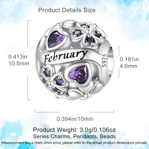 HappyStar 925 Sterling Silver Four Leaf Clover Bead Charm with Cubic Zirconia Birthstone Charms for Bracelets Dangle Pendant Compatible Pandora Bracelets Lucky Charm Birthday Gift - color: 2-February Birthstone Bead