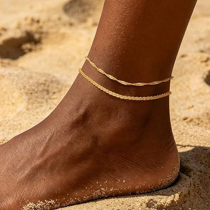 Ritach Gold/Silver Ankle Bracelets for Women 14K Gold Anklets for Women Waterproof Cuban Link Heart Bead Anklets Set Layered Anklet Bracelets for Women Gold Jewelry Gift - color: gold chain