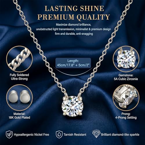 18K Gold Plated Pendant Necklace for Women, 1.2 Carat 7mm Cubic Zirconia Solitaire Dainty Necklace, Anniversary Birthday Mothers Day Gift Adjustable Chain - color: White Gold