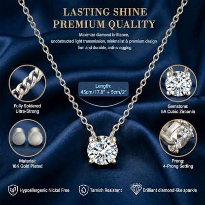 18K Gold Plated Pendant Necklace for Women, 1.2 Carat 7mm Cubic Zirconia Solitaire Dainty Necklace, Anniversary Birthday Mothers Day Gift Adjustable Chain - color: White Gold
