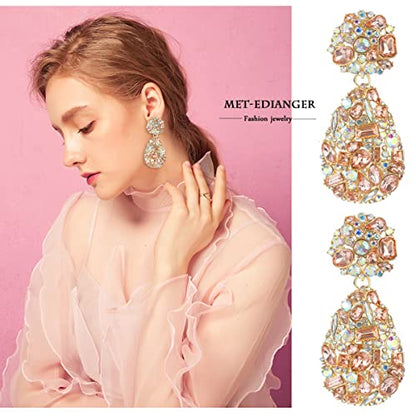 Rhinestone Statement Earrings Teardrop Costume Earrings Cluster Crystal Chandelier Drop Dangle Earrings for Women - color: Pink