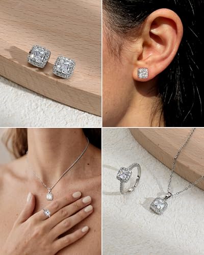 Halo Cubic Zirconia Jewelry Set for Women, Square CZ Stud Earrings Pendant Necklace Adjustable Ring, Silver Simulated Diamond Jewelry for Wedding/Birthday/Prom/Christmas