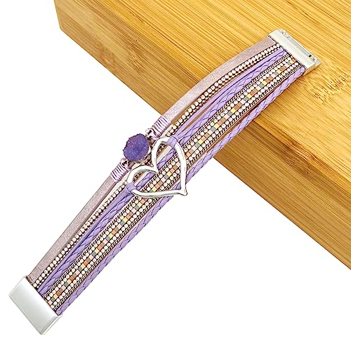Womens Love Heart Leather Wrap Bracelet Multi-layer Stacked Bangle | Magnetic Clasp Soft PU Leather Resin Stone Rhinestone Boho Style Birthday Valentine Christmas Bohemian Jewelry Gift - color: Purple
