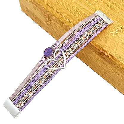 Womens Love Heart Leather Wrap Bracelet Multi-layer Stacked Bangle | Magnetic Clasp Soft PU Leather Resin Stone Rhinestone Boho Style Birthday Valentine Christmas Bohemian Jewelry Gift - color: Purple