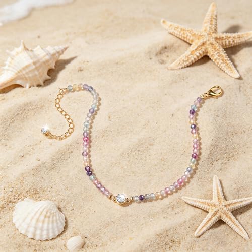 Raicegs Anklets for Women Handmade Beach Boho Ankle Bracelet 3mm Natural Stone Beaded Ankle Bracelet 14K Gold Plated Zircon Pendant Adjustable Crystal Gemstone Anklet Jewelry Gift for Her - color: Fluorite
