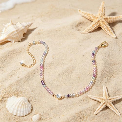 Raicegs Anklets for Women Handmade Beach Boho Ankle Bracelet 3mm Natural Stone Beaded Ankle Bracelet 14K Gold Plated Zircon Pendant Adjustable Crystal Gemstone Anklet Jewelry Gift for Her - color: Fluorite