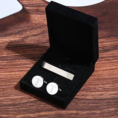 Initial Cuff Links Mens and Tie Clips for Men | Classic Silver Letter Alphabet A-Z Cufflinks and Tie Bar Set, Gifts for Men Father Husband for Formal Business Wedding - style: T