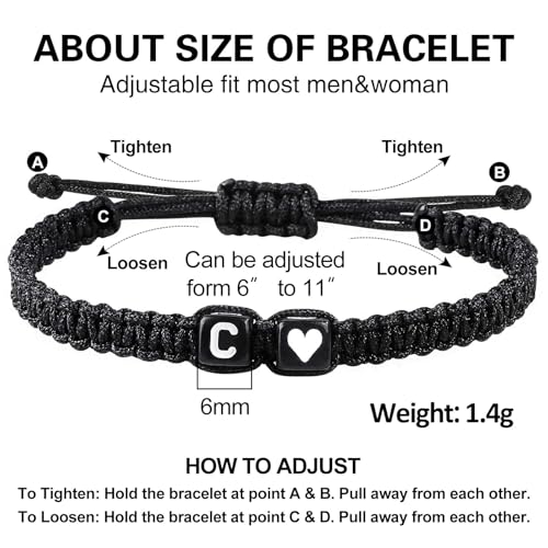 Valentines Day Gifts for Him Her Heart Love Letter Initial Matching Couple Bracelets for Women Men Teen Gifts Best Friend Graduation Birthday Gifts A-Z Braided Bracelet Son Daughter Dad Jewelry - color: Black-C