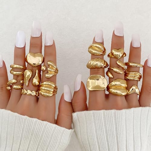 31 Pcs Chunky Gold Rings Fashion Stackable Rings for Women Statement Womens Rings Set Knuckle Band Ring Jewelry Gifts - style: Golden 16 pcs