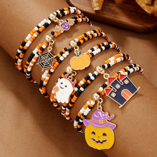 Heishi Surfer Clay Bead Bracelets Set for Women - Preppy Smile Evil Eye Beaded Stretch Bracelets Elastic Layering Friendship Bracelets- Stackable Boho Disc Summer Jewelry Set - color: Halloween Bracelets -6pc layer B