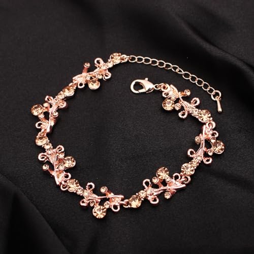 3Pcs Austrian Crystal Jewelry Set for Women, Necklace Dangle Earrings Link Bracelet Jewelry Set with Gold/Platinum/Gun Plated, Wedding Party Jewelry for Bridal Bridesmaid - color: Peach-Rose Plated