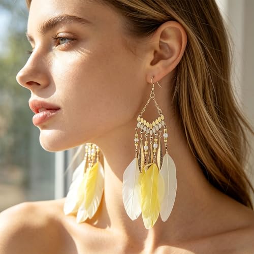 Faux Feather Fringe Tassel Long Dangle Earrings for Women | Bohemian Women Tassel Drop Jewelry - color: yellow