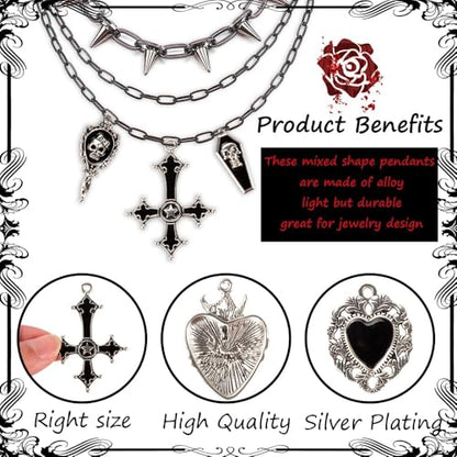 Giata11 Pcs Large Gothic Style Black Cross Skull Tombstone Heart Pendants Goth Halloween Charms for Jewelry Pendants Making DIY Craft Supplies - color: Black