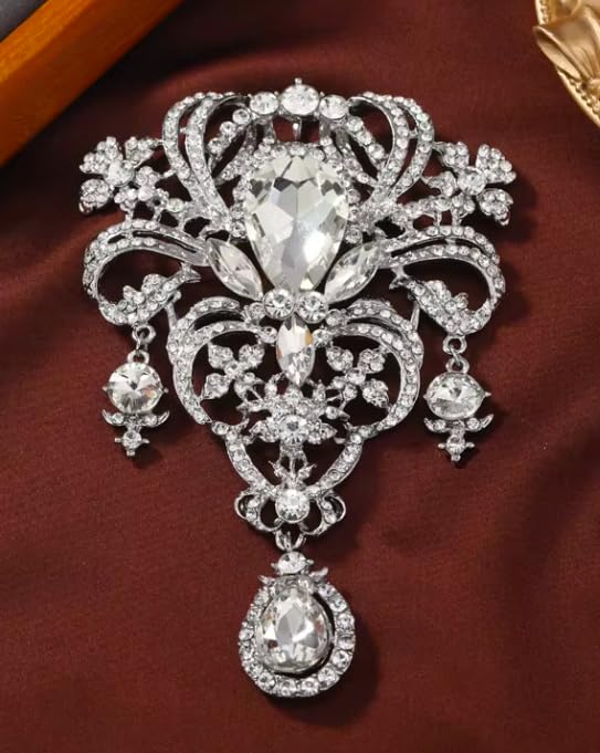 Extra LARGE Antique Vintage Art Deco Victorian Style Silver Tone Imitation Diamond Clear Rhinestone Statement Bridal Wedding Brooch Pin