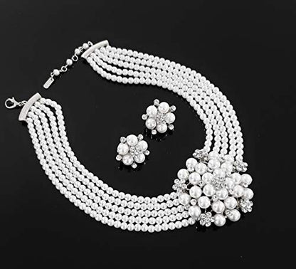 Fashion 21 5 Rows Rhinestone Accented Simulated Floral Pearl Cluster Necklace, Clip on Earring 2 Set - color: White