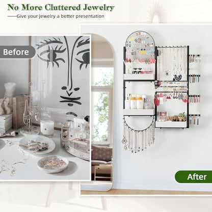 Keebofly Wall Mount Hanging Jewelry Organizer - Large Display Holder for Earrings, Rings, Necklaces, Bracelets, Watches and Perfume - White - color: White