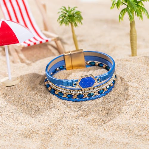 FANCY SHINY Crystal Beaded Leather Wrap Bracelet Stackable Boho Jewelry for Women Resin Stone Bangle Cuff with Magnetic Clasp - color: Blue