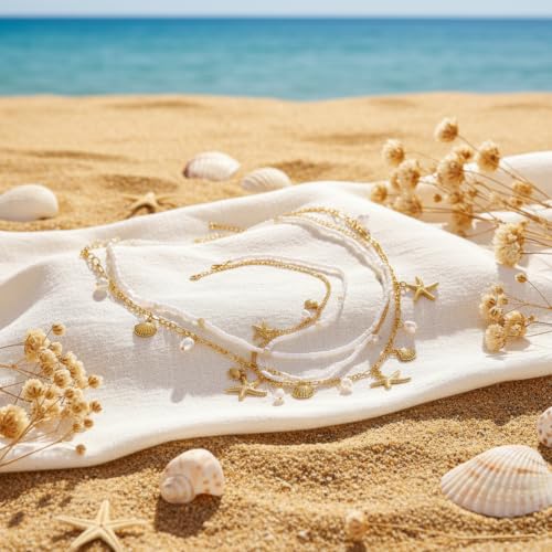 Women Layer Beaded Belly Chain Gold Plated Ocean Charm Waist Chain with Pearl Starfish Seashell Pendant, Adjustable Boho Bikini Body Jewelry for Summer Beach Pool Party Vacation