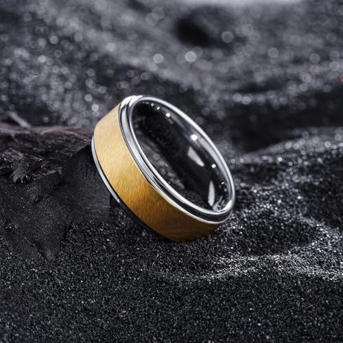King Will Classic Tungsten Carbide Ring Brushed Two Grooved Center Hammered Design Mens Wedding Band for Men | Black/Silver/Gold, 8mm, Men's Wedding Band, Grooved, Comfort Fit, Everyday Wear - color: C-Gold&Sliver 8mm