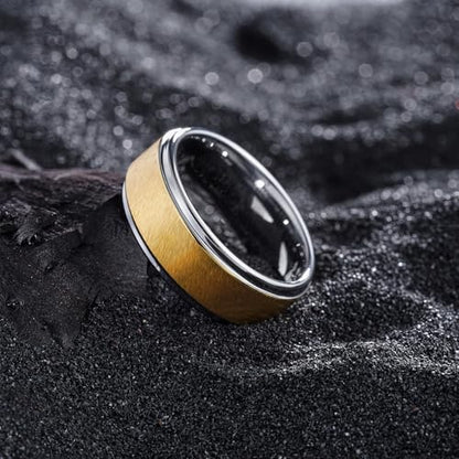 King Will Classic Tungsten Carbide Ring Brushed Two Grooved Center Hammered Design Mens Wedding Band for Men | Black/Silver/Gold, 8mm, Men's Wedding Band, Grooved, Comfort Fit, Everyday Wear - color: C-Gold&Sliver 8mm