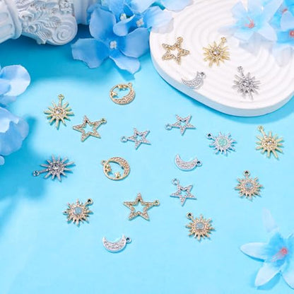 40Pcs Alloy Rhinestone Charms for Jewelry Making, Cute Moon Star Alloy Charm Metal Celestial Rhinestone Dangle Pendants for DIY Necklace Bracelet Earring Jewelry Making Crafts - color: Mixed Colors