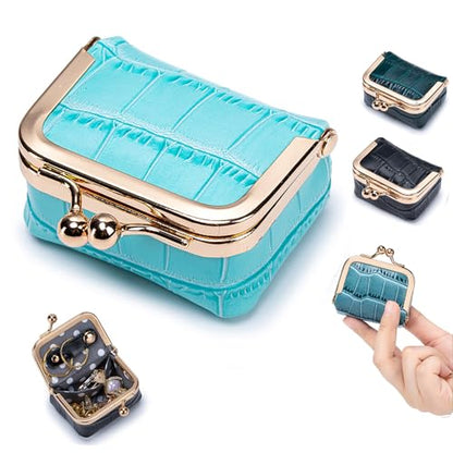 Genuine Leather Mini Jewelry Box & Coin Purse for Women, Travel Jewelry Case with Kiss Lock, Holds Earrings, Rings, Necklace, Bracelet, Coins (Storm Blue Crocdile Pattern) - color: Storm Blue Crocdile Pattern