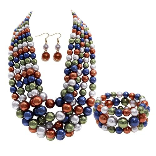 Faux Big Pearl Srand Necklaces for Women 5 Layers Pearls Choker Bib Collar Necklace Bracelet and Earrings set 1920s Costume Pearl Jewelry Bridal Wedding - color: colorful navy blue