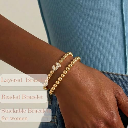 Initial Stack Bracelet Set for Women Trendy 14K Gold Plated Beaded Stackable Stacking Stretch Name Bracelets Dainty Friendship Waterproof Charm Cute Birthday Jewelry Gifts for Women - color: Initial J