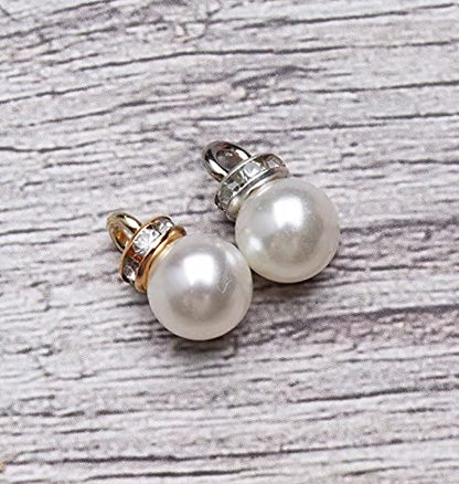 Ruwado Faux Pearl Beads with Rhinestone 25 Pcs Gold 25 Pcs Silver with Hole | Vintage 8 mm Elegant Imitation Peal Pendant Charms for Dangle Earrings Necklace Bracelet DIY Jewelry Making Accessories