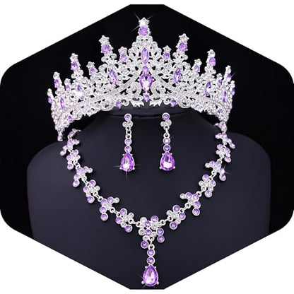 Crystal Crown and Tiara Jewelry Set for Women Bride with Necklace Earrings | Metal Rhinestone Royal Queen Princess Jewelry Set Wedding Quinceanera Pageant Prom Birthday Halloween Party Costume Gift - color: Style E-Purple