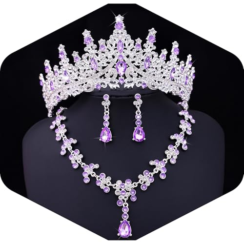 Crystal Crown and Tiara Jewelry Set for Women Bride with Necklace Earrings | Metal Rhinestone Royal Queen Princess Jewelry Set Wedding Quinceanera Pageant Prom Birthday Halloween Party Costume Gift - color: Style E-Purple