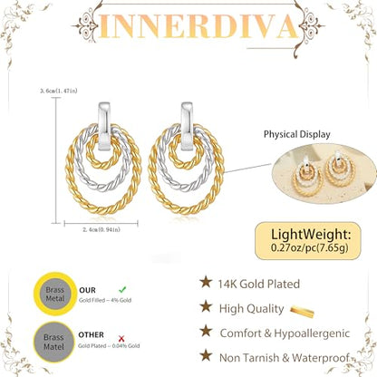 Antique Gold Hammered Disc Drop Earrings Boho Earrings with Two Tone Jewelry Gift - color: EH22701A