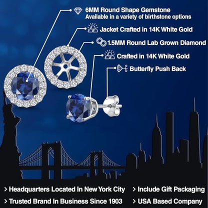 Gem Stone King 14K White Gold 6MM Round Gemstone Birthstone Stud Earrings with Removable Jackets and Lab Grown Diamond Accents | Gold Earrings For Women | Fine Jewelry Gift for Her Mom Women Wife - color: Blue Created Sapphire-September