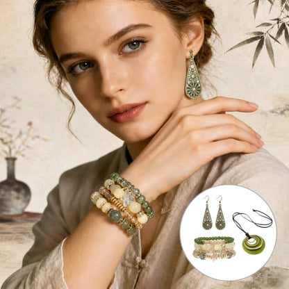 3 Pcs Boho Jewelry for Women Set, Disc Necklace Crystal Teardrop Earrings Beaded Bracelet, Bohemian Style Jade Jewelry Fit Warm-Weather Beach Vacation Accessories