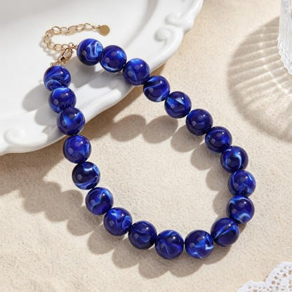 Chunky Beaded Necklace for Women Trendy Boho Collar Statement Necklace Large Round Resin Beads Choker Necklaces Summer Beach Jewelry Gifts - color: Dark Blue