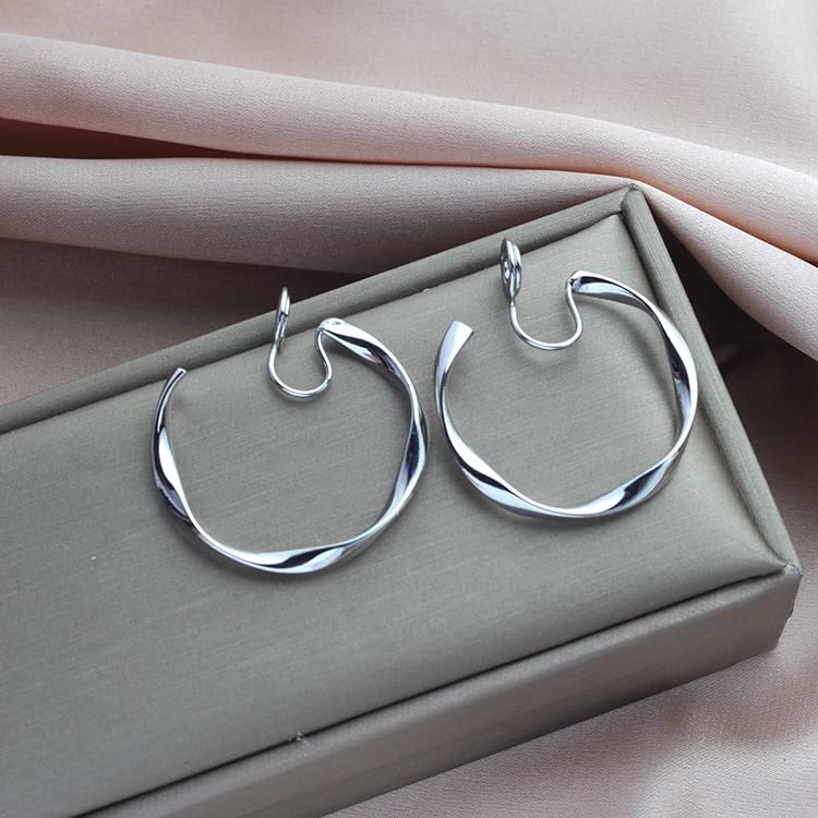 Clip On Hoop Earrings for Women Not Pierced Gold Silver Large Chnky Square Twisted Comfortable Coil Hoop Clip On Earrings - color: Twisted Hoop Silver