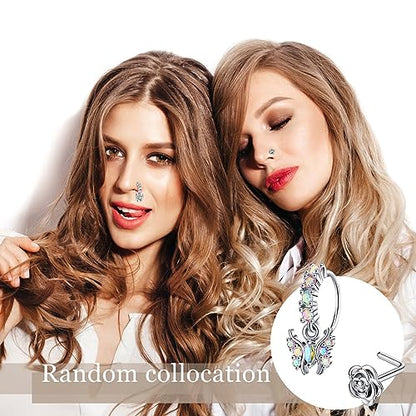 18 Pcs Dangle Nose Ring L Shaped Dangling Nose Stud Nose Ring Hoop Indian Nose Piercing Jewelry with Charm - color: AB