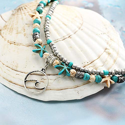 Starain Blue Turtle Anklets for Women Multilayer Beads Handmade Beach Ankle Bracelet Set Boho Foot Jewelry - color: 2Pcs Turtle and Wave Beaded Anklet